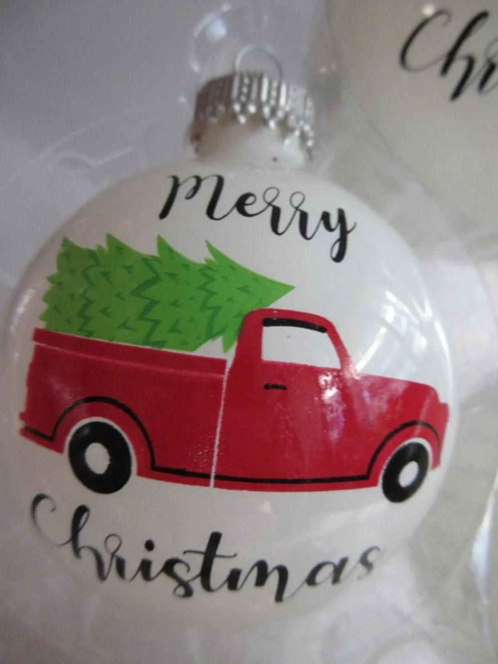 Krebs Christmas Ornament Set of 4 Glass Balls Porcelain White-Red Vintage Truck